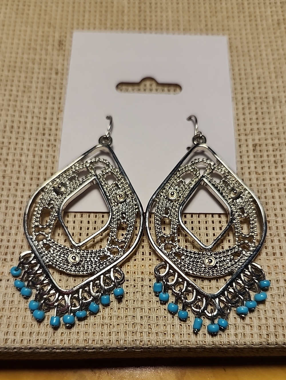 Silver-Tone Boho Teardrop Earrings with Turquoise Beads